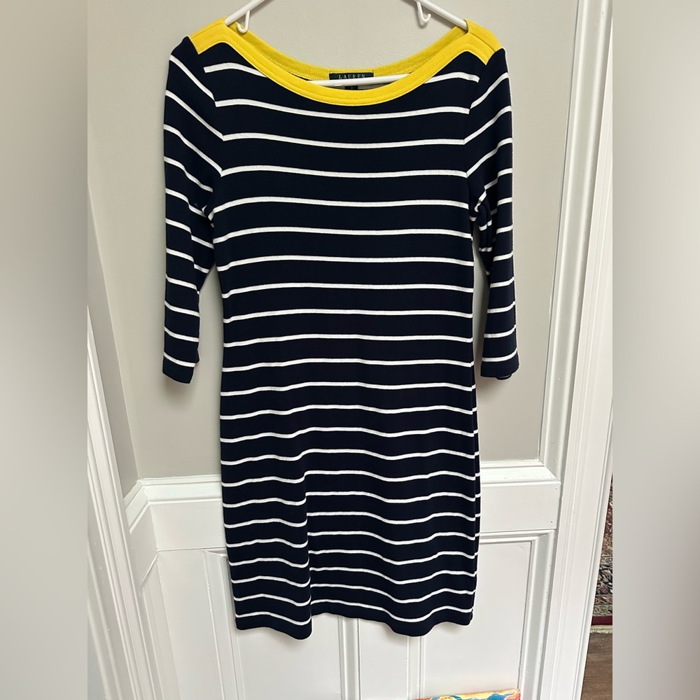 Ralph Lauren Blue and White Sheath Dress 3/4 Sleeve Crew Neck